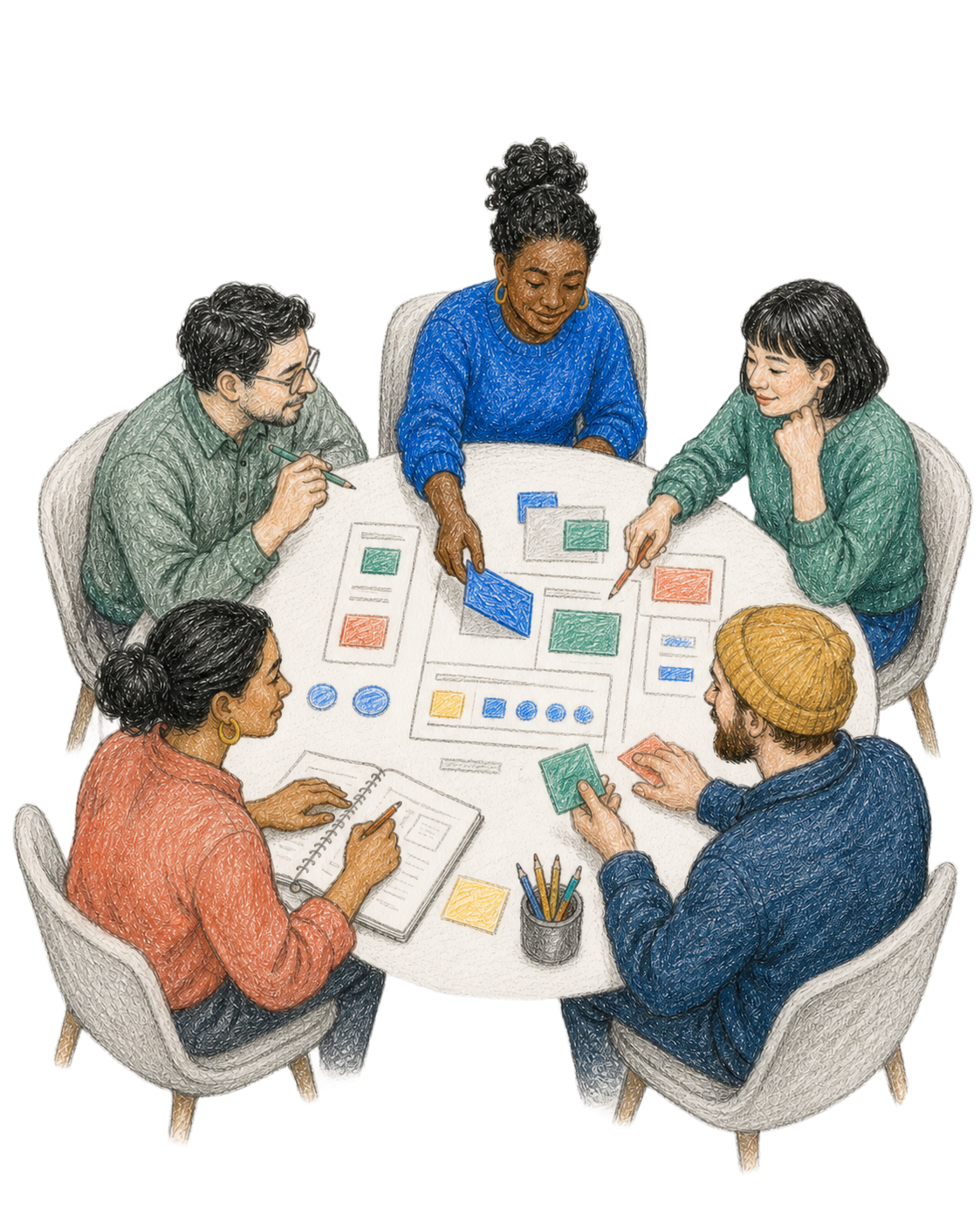Five professionals collaborating around a shared project table